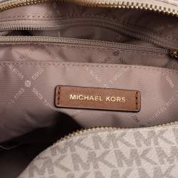 Pre Owned Michael Kors White/Brown Signature Coated Canvas And Leather Duffel Bag