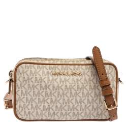 Michael Kors White/Brown Signature Coated Canvas Large Jet Set Crossbody Bag  For Sale at 1stDibs