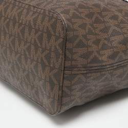 Pre Owned Michael Kors Beige/Brown Signature Coated Canvas and Leather Medium Jet Set Tote