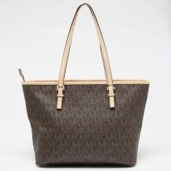 Pre Owned Michael Kors Beige/Brown Signature Coated Canvas and Leather Medium Jet Set Tote