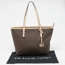 Pre Owned Michael Kors Beige/Brown Signature Coated Canvas and Leather Medium Jet Set Tote