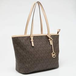 Pre Owned Michael Kors Beige/Brown Signature Coated Canvas and Leather Medium Jet Set Tote