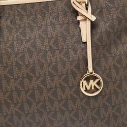 Pre Owned Michael Kors Beige/Brown Signature Coated Canvas and Leather Medium Jet Set Tote