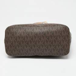 Pre Owned Michael Kors Beige/Brown Signature Coated Canvas and Leather Medium Jet Set Tote