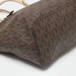Pre Owned Michael Kors Beige/Brown Signature Coated Canvas and Leather Medium Jet Set Tote