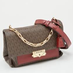 مملوكة مسبقًا حقيبة كتف مايكل مايكل كورس جلد وكانفاس بالشعار مقوى عنابي/بني متوسطة