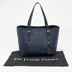 Pre Owned Michael Kors Navy Blue Leather Small Jet Set Travel Tote