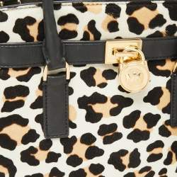 Pre Owned MICHAEL Michael Kors Black/Brown Leopard Print Calf Hair and Leather Hamilton Tote