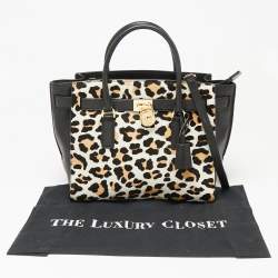 Pre Owned MICHAEL Michael Kors Black/Brown Leopard Print Calf Hair and Leather Hamilton Tote