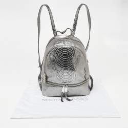 Pre Owned Michael Kors Metallic Silver Python Embossed Leather Small Rhea Backpack