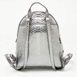 Pre Owned Michael Kors Metallic Silver Python Embossed Leather Small Rhea Backpack