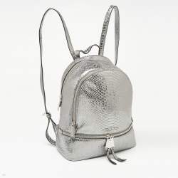 Pre Owned Michael Kors Metallic Silver Python Embossed Leather Small Rhea Backpack