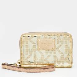 Pre Owned Michael Kors Gold Patent Leather Zip Around Wallet
