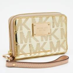 Pre Owned Michael Kors Gold Patent Leather Zip Around Wallet