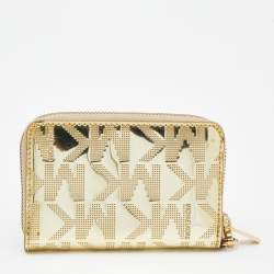 Pre Owned Michael Kors Gold Patent Leather Zip Around Wallet