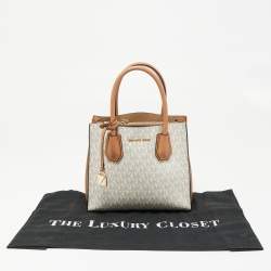 Pre Owned حقيبة يد مايكل كورس ميرسر جلد وكانفاس مقوى بيضاء / بنية فاتحة بشعار صغيرة 