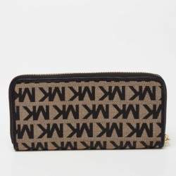 Pre Owned محفظة بسحاب مستدير مايكل كورس طرف جلد وكانفاس بشعار ماركة بيج/أسود