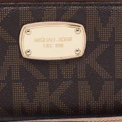Pre Owned Michael Kors Brown Signature Coated Canvas Wristlet Zip Around Wallet