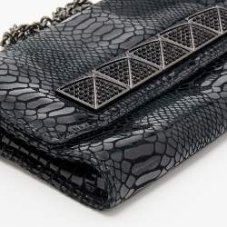 Michael Kors Metallic Black Python Effect Leather Flap Chain Clutch