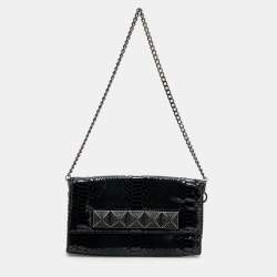 Michael Kors Metallic Black Python Effect Leather Flap Chain Clutch