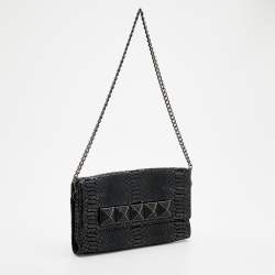 Michael Kors Metallic Black Python Effect Leather Flap Chain Clutch