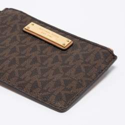 مملوكة مسبقًا حافظة البطاقات مايكل كورس جلد وكانفاس مقوى بالشعار بني / بيج بسحاب 