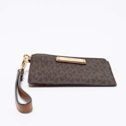 مملوكة مسبقًا حافظة البطاقات مايكل كورس جلد وكانفاس مقوى بالشعار بني / بيج بسحاب 