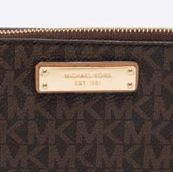 مملوكة مسبقًا حافظة البطاقات مايكل كورس جلد وكانفاس مقوى بالشعار بني / بيج بسحاب 