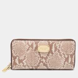 Pre Owned Michael Kors Beige/Brown Snakeskin Embossed Leather Jet Set Zip Around Wallet
