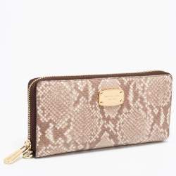 Pre Owned Michael Kors Beige/Brown Snakeskin Embossed Leather Jet Set Zip Around Wallet