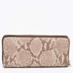 Pre Owned Michael Kors Beige/Brown Snakeskin Embossed Leather Jet Set Zip Around Wallet