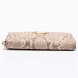 Pre Owned Michael Kors Beige/Brown Snakeskin Embossed Leather Jet Set Zip Around Wallet