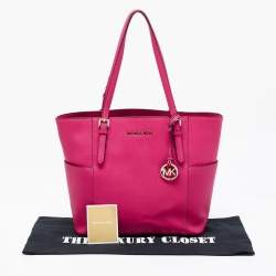 Pre Owned Michael Kors Pink Saffiano Leather Large Top Zip Jet Set Tote
