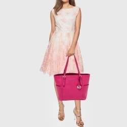 Pre Owned Michael Kors Pink Saffiano Leather Large Top Zip Jet Set Tote