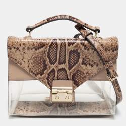 Pre Owned Michael Kors Beige/Brown Python Embossed Leather And PVC Sloan Top Handle Bag