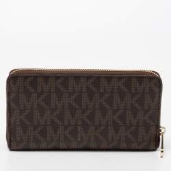 Pre Owned Michael Kors Brown/Purple Signature Coated Canvas And Leather Wallet On Chain