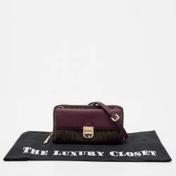 Pre Owned Michael Kors Brown/Purple Signature Coated Canvas And Leather Wallet On Chain