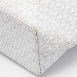 Pre Owned Michael Kors White/Grey Signature Coated Canvas and Leather Medium Jet Set Tote