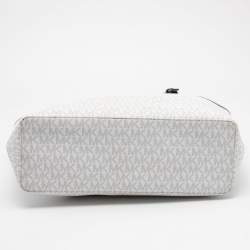 Pre Owned Michael Kors White/Grey Signature Coated Canvas and Leather Medium Jet Set Tote