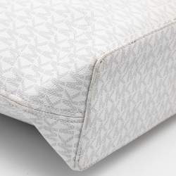 Pre Owned Michael Kors White/Grey Signature Coated Canvas and Leather Medium Jet Set Tote