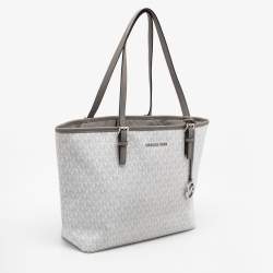 Pre Owned Michael Kors White/Grey Signature Coated Canvas and Leather Medium Jet Set Tote