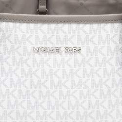 Pre Owned Michael Kors White/Grey Signature Coated Canvas and Leather Medium Jet Set Tote