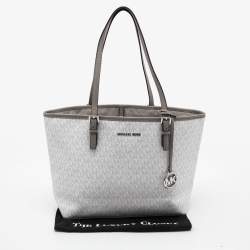 Pre Owned Michael Kors White/Grey Signature Coated Canvas and Leather Medium Jet Set Tote