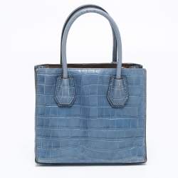 Pre Owned Michael Kors Blue Croc Embossed Leather Mini Mercer Tote