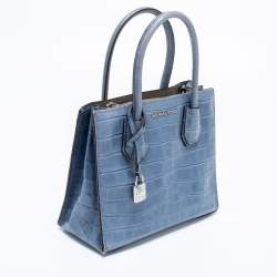 Pre Owned Michael Kors Blue Croc Embossed Leather Mini Mercer Tote