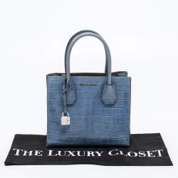 Pre Owned Michael Kors Blue Croc Embossed Leather Mini Mercer Tote