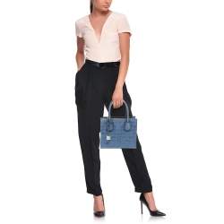 Pre Owned Michael Kors Blue Croc Embossed Leather Mini Mercer Tote