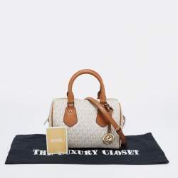 Pre Owned Michael Kors White /Brown Signature Coated Canvas And Leather Aria Satchel