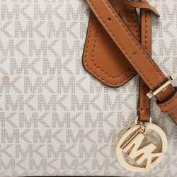 Pre Owned Michael Kors White /Brown Signature Coated Canvas And Leather Aria Satchel