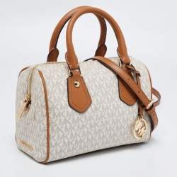 Pre Owned Michael Kors White /Brown Signature Coated Canvas And Leather Aria Satchel